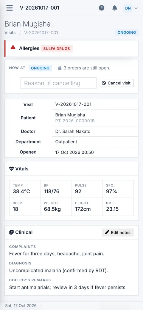 The same visit on a phone, with the allergy, vitals and notes.